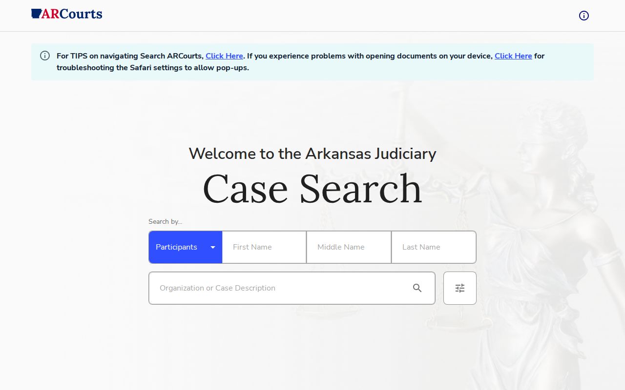 Search ARCourts public court lookup interface