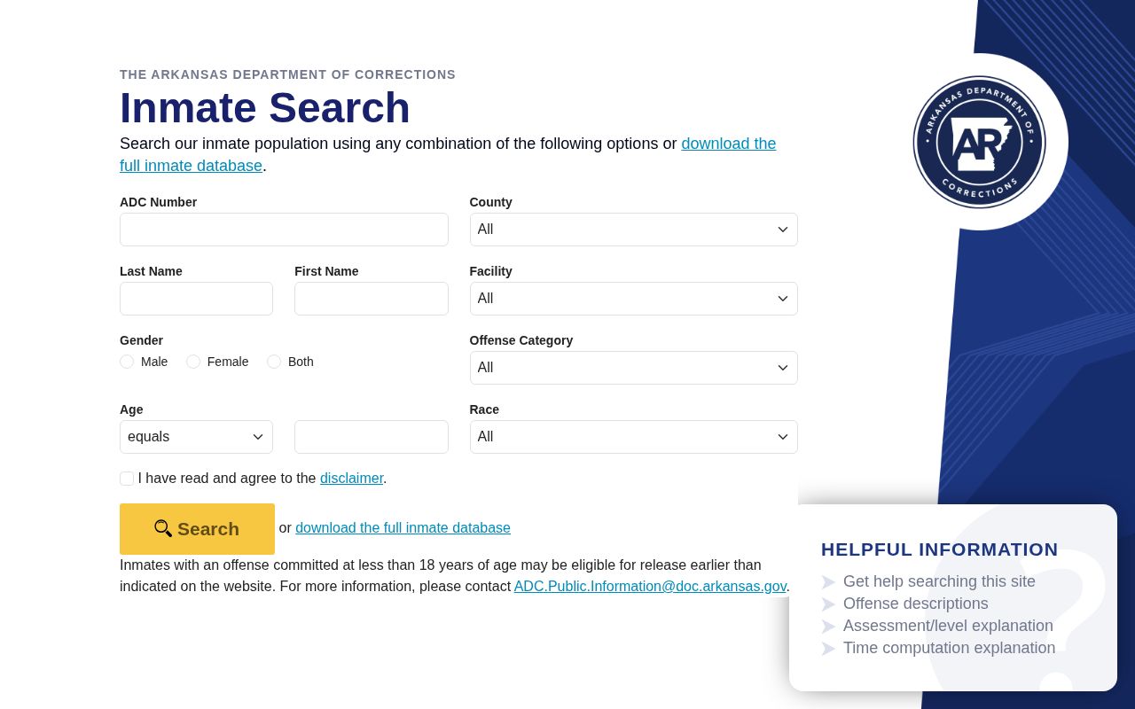 Arkansas DOC inmate search used only after a person enters state custody